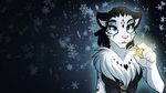  &lt;3 adira_(twokinds) black_hair blue_eyes chest_tuft clothing coin corset feline female fur hair keidran leopard leopard_spots lingerie mammal pink_nose snow snow_leopard snowflake solo spots tom_fischbach tuft twokinds wallpaper white_fur 