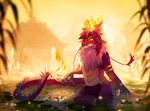  2017 anthro armlet claws clockbirds clothing countershading detailed_background dragon eastern_dragon elemental fangs fire_elemental fish fur furred_dragon happy horn koi lily_pad loincloth male marine nature orange_eyes outside partially_submerged plant pond red_fur red_scales scales smile solo standing tail_tuft temple tuft water white_countershading yellow_theme 