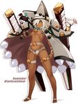  1girl beltbra breasts cape character_name clover creature dark_skin dual_wielding expressionless familiar feet floating_swords guilty_gear guilty_gear_xrd hair_between_eyes hat karukan_(monjya) looking_at_viewer medium_breasts navel orange_eyes ramlethal_valentine shadow short_hair short_shorts simple_background solo_focus standing stomach sword thigh_strap toes underboob weapons white_background white_hair 