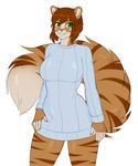  big_breasts bottomless braided_hair breasts clothed clothing feline female hair kitsunewaffles-chan malina_(athiesh) mammal sweater sweater_puppies tabby 