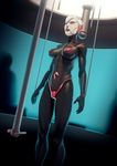  absurdres asajj_ventress bad_id bad_pixiv_id black_bodysuit blue_eyes bodysuit breasts constricted_pupils facial_mark highres john_doe latex lips looking_down medium_breasts open_mouth scared shiny shiny_clothes short_hair skin_tight standing star_wars sweat white_hair 