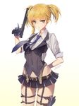 bangs blonde_hair blue_gloves blue_neckwear braid commentary_request damda girls_frontline gloves green_eyes gun holding holding_gun holding_weapon holster looking_at_viewer shirt short_hair skirt solo thigh_holster thigh_strap twintails weapon welrod_mk2_(girls_frontline) 