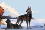  2017 beach brown_fur canine day detailed_background digital_media_(artwork) digital_painting_(artwork) dog duo feral fur lying male mammal open_mouth outside pherigo seaside standing teeth tongue 