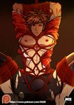  abs absurdres artist_name barefoot bdsm bondage bound brown_hair bulge chest duzk fire_emblem fire_emblem_if hairband heart highres male_focus navel nipples patreon_logo patreon_username purple_eyes shinonome_(fire_emblem_if) shirtless solo teeth torn_clothes 