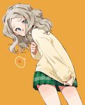  blue_eyes chibikko_(morihito) clothes_tug green_skirt hair_over_mouth morihito orange_background original plaid plaid_skirt skirt solo standing sweater sweater_tug thick_eyebrows wavy_hair 