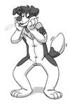  ! 2015 3_fingers 4_toes anthro canine clothed clothing cubi digital_drawing_(artwork) digital_media_(artwork) dizfoley dog fursuit greyscale human male mammal monochrome neckerchief simple_background smile solo text toes trapped white_background 