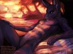  2016 canine coyote detailed_background dragon featureless_crotch gasmask_(artist) hand_on_leg hybrid looking_at_viewer lying male mammal on_back solo sovy sunset tree 