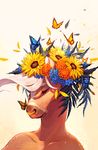  2017 ambient_butterfly ambiguous_gender anthro arthropod butterfly clockbirds equine facial_piercing flower fur hair horse insect mammal markings nose_piercing nose_ring one_eye_closed piercing plant simple_background solo sunflower tan_fur white_background white_hair white_markings 