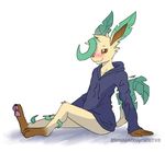  2018 anthro barefoot blush bottomless brown_eyes brown_nose browniecomicwriter clothed clothing eeveelution flora_fauna fur hair hair_over_eye hoodie leafeon leaves looking_at_viewer male moss_(leafeon) nintendo pawpads pink_pawpads plant pok&eacute;mon pok&eacute;mon_(species) signature simple_background sitting solo video_games watermark white_background yellow_fur 