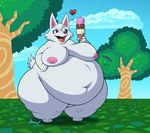  &lt;3 2018 animal_crossing anthro areola belly big_belly big_breasts blue_eyes breasts canine dawmino dessert drooling fangs female food holding_food holding_object ice_cream mammal navel nintendo nipples obese open_mouth outside overweight overweight_female saliva solo tree video_games whitney_(animal_crossing) wolf 