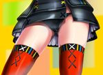  ass_visible_through_thighs black_dress black_panties c-wing close-up dress kaguya_luna kaguya_luna_(character) legs_apart lower_body panties pantyshot pantyshot_(standing) petticoat red_legwear shiny shiny_skin short_dress solo standing sweat thighhighs underwear upskirt yellow_background 