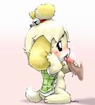 animal_crossing bell black_sclera blonde_hair blush bottomless breasts breath censored clothed clothing disembodied_penis erection fallinnight feet fellatio female full_body hair isabelle_(animal_crossing) licking looking_up male mosaic_censorship nintendo nipples open_shirt oral penis saliva sex shirt short_hair side_view simple_background sitting small_breasts solo_focus sweat tongue tongue_out video_games white_background white_eyes white_shirt 