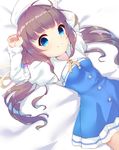  ahoge arms_up bangs bed_sheet beret blue_dress blue_eyes blunt_bangs blush brown_hair closed_mouth dera_ix dress eyebrows_visible_through_hair hair_ribbon hat highres hinatsuru_ai long_hair long_sleeves looking_at_viewer low_twintails lying on_back puffy_short_sleeves puffy_sleeves ribbon ryuuou_no_oshigoto! school_uniform short_over_long_sleeves short_sleeves smile solo twintails very_long_hair white_hat yellow_neckwear yellow_ribbon 