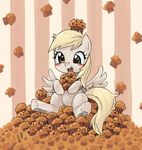  2017 blonde_hair blush cub cute derp_eyes derpy_hooves_(mlp) equine eyelashes feathered_wings feathers female food friendship_is_magic full-length_portrait hair holding_food holding_object japanese_text looking_at_viewer makeup mammal mascara muffin my_little_pony nude open_mouth open_smile pattern_background pegasus portrait signature simple_background sitting smile solo striped_background text wings yanamosuda yellow_eyes young 