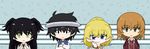  2boys 2girls black_eyes black_hair blonde_hair blue_eyes brown_eyes brown_hair chibi green_eyes kakine_teitoku multiple_boys multiple_girls to_aru_kagaku_no_railgun to_aru_majutsu_no_index yobou_banka yumiya_rakko 