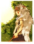  bare_arms breasts brown_hair commentary_request facepaint facial_mark fur honoboooono mask mononoke_hime san short_hair small_breasts solo studio_ghibli weapon 