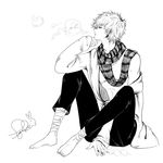  barefoot black_pants character_request cigarette copyright_request full_body greyscale hand_up looking_to_the_side male_focus monochrome pants para_sitism scarf signature sitting smoke_ring smoking 