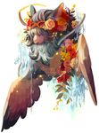  2017 ambiguous_gender brown_feathers brown_fur caprine clockbirds eyes_closed eyewear feathered_wings feathers feral flower fur goggles grey_fur grey_hair hair mammal open_mouth plant portrait rose_(flower) sheep simple_background solo spread_wings vines waterfall white_background wings 