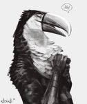  2016 avian bird gasmask_(artist) lino male monochrome open_mouth simple_background solo speech_bubble toucan 