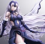  armor armored_dress armpits bangs banner bare_shoulders black_armor black_gloves blue_dress breasts chain cleavage commentary_request cowboy_shot dress elbow_gloves elbow_pads eyebrows_visible_through_hair fate/grand_order fate_(series) faulds floating_hair fur-trimmed_gloves fur-trimmed_legwear fur_trim gloves gradient gradient_background grey_background grey_hair headpiece holding holding_sword holding_weapon jeanne_d'arc_(alter)_(fate) jeanne_d'arc_(fate)_(all) large_breasts long_hair looking_at_viewer matsunaga_garana navel navel_cutout pale_skin parted_lips smile solo standing sword thighhighs thighs vambraces very_long_hair weapon wind yellow_eyes 