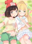  2girls :p assisted_exposure beanie black_hair blonde_hair blush closed_mouth creatures_(company) game_freak green_eyes green_shorts hand_on_own_chest hat lillie_(pokemon) long_hair mizuki_(pokemon) multiple_girls navel nintendo panties pokemon pokemon_(game) pokemon_sm ponytail pulled_by_another red_hat shirt short_hair short_sleeves shorts skirt smile tied_shirt tongue tongue_out underwear white_shirt white_skirt yuno_(mioalice) yuri 