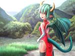  :d ass black_legwear brown_eyes day draco_centauros dragon_girl dragon_horns dragon_tail dragon_wings fangs gloves grass green_hair hill horns looking_at_viewer open_mouth outdoors pointy_ears puyopuyo short_hair signature smile solo standing tail white_gloves wings yanzikatu 