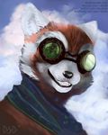  2015 cloud eyewear gasmask_(artist) goggles looking_at_viewer male mammal red_panda scarf smile solo teeth 
