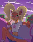  bandicoot beverage blush breasts clothed clothing coco_bandicoot crash_bandicoot_(series) cute eyelashes female flower green_eyes hair long_hair mammal marsupial plant presenting pussy smile soulcentinel sunset video_games wompa_fruit 