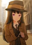  1girl backlighting bangs black_gloves black_hair black_jacket black_neckwear blunt_bangs blurry blurry_background brown_hat building buttons city closed_mouth coat commission day depth_of_field detective eyebrows_visible_through_hair gloves hat highres holding holding_pen jacket kirimatsu light_particles long_hair long_sleeves looking_at_viewer necktie open_clothes open_coat original outdoors purple_eyes road serious solo street upper_body wing_collar writing 