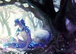  2018 anthro black_hair black_spots blue_eyes blue_nose blue_pawpads blue_spots canine clockbirds countershading detailed_background forest fur glowing glowing_markings glowing_pawpads grey_fur hair humanoid_hands male mammal markings nature nude outside pawpads sitting snow solo spots tree white_countershading wolf 