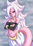  ahoge android_21 baggy_pants bandeau black_nails black_sclera bocodamondo bracelet breasts cleavage crossed_arms dragon_ball dragon_ball_fighterz earrings harem_pants highres hoop_earrings jewelry long_hair looking_at_viewer majin_android_21 medium_breasts nail_polish navel open_mouth pants pink_skin pointy_ears red_eyes smile solo strapless tail tubetop v-shaped_eyebrows very_long_hair white_hair 