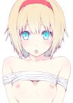  1girl :o alice_margatroid bangs bare_shoulders blonde_hair blue_eyes breasts breasts_apart collarbone commentary hairband looking_at_viewer nipples nirap no_bra red_hairband shirt shirt_lift small_breasts solo touhou upper_body white_shirt 