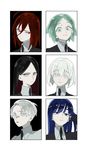  ahn ahoge androgynous bangs black_eyes black_hair blue_eyes blue_hair blunt_bangs bort cairngorm_(houseki_no_kuni) diamond_(houseki_no_kuni) frown gem_uniform_(houseki_no_kuni) green_eyes green_hair houseki_no_kuni lapis_lazuli_(houseki_no_kuni) long_hair looking_at_viewer multiple_others necktie phosphophyllite red_eyes red_hair shinsha_(houseki_no_kuni) short_hair smile white_eyes white_hair 