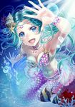  :d air_bubble aqua_hair arm_up bare_shoulders blue_eyes blush bracelet breasts bubble coral fantasy ichino_tomizuki jewelry long_hair looking_at_viewer medium_breasts mermaid monster_girl navel necklace open_mouth original seashell_hair_ornament shell shell_bikini smile starfish_hair_ornament sunlight tropical_fish underwater 