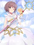  :3 :d absurdres antenna_hair arms_up bangs bare_arms blue_sky breasts brown_hair cardcaptor_sakura clear_card closed_mouth cloud cloudy_sky creature crown day dress eyebrows_visible_through_hair feathered_wings floating_hair gem gloves green_eyes hair_between_eyes hair_intakes highres holding holding_staff kero kinomoto_sakura kokiri_miki magical_girl one_eye_closed open_mouth outdoors see-through shiny shiny_hair short_hair_with_long_locks sidelocks sky sleeveless sleeveless_dress small_breasts smile staff star tail tareme white_dress white_gloves white_wings wings yume_no_tsue 