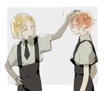  ahn androgynous blonde_hair elbow_gloves gem_uniform_(houseki_no_kuni) gloves hand_on_another's_head houseki_no_kuni looking_at_another multiple_others necktie orange_eyes orange_hair petting short_hair suspenders uniform yellow_diamond_(houseki_no_kuni) yellow_eyes zircon_(houseki_no_kuni) 