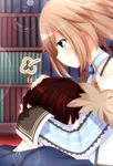  bare_shoulders blanc blue_eyes blush brown_hair hand_on_another's_head head_on_chest highres hug looking_at_another neptune_(series) shironeko_haru short_hair 