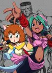  1boy 2girls animal_ears dark_skin fang head_fins juri_(yuu_yuu_hakusho) koto_(yuu_yuu_hakusho) microphone midriff monster_girl multiple_girls navel open_mouth tail toguro_otouto uchuu_ika yuu_yuu_hakusho 