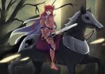  armor braid brown_eyes cape erza_scarlet fairy_tail horse kooriiko long_hair red_hair riding sword tree weapon 