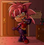  2018 5_fingers anthro armwear bedroom bedroom_eyes belt blue_fur boots breasts clothing digital_media_(artwork) drooling elbow_gloves female footwear fur gloves hair half-closed_eyes hedgehog hi_res innuendo jumpjump looking_at_viewer mammal mohawk pose purple_fur purple_hair saliva seductive smile solo sonia_the_hedgehog sonic_(series) sonic_underground standing sweat teeth tongue tongue_out 