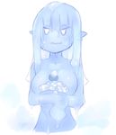  bangs blue_hair blue_skin breasts core dripping goo_girl holding ice ice_cube idon jitome long_hair looking_at_viewer medium_breasts monster_girl original pointy_ears sidelocks simple_background upper_body water wavy_mouth white_background 