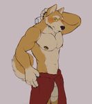  2018 animal_genitalia anthro balls big_balls black_nose blush canine clothed clothing digital_drawing_(artwork) digital_media_(artwork) dog embarrassed fur koorivlf looking_at_viewer male mammal mark_(koorivlf) muscular muscular_male nipple_piercing nipples partially_clothed pecs piercing sheath shiba_inu solo standing towel wet 