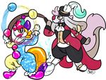 2016 4_fingers anthro blush bulge canine circus claws clothed clothing clown digital_drawing_(artwork) digital_media_(artwork) dipstick_tail duo ear_piercing final_fantasy final_fantasy_tactics footwear fox fur hair hat juggling long_ears long_tail male mammal markings multicolored_fur multicolored_tail nu_mou open_mouth orange_fur piercing red_hair red_nose rubber shiny shoes simple_background smile sound_effects square_enix standing star tanukeki teeth text toes video_games white_background white_fur 