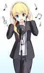  :d beamed_sixteenth_notes black_pants black_scrunchie blonde_hair blue_eyes caucasian ellen_baker hair_ornament hair_scrunchie headphones highres kanimiso_(hotarunperopero) long_hair low_ponytail microphone musical_note new_horizon non-asian open_mouth pants pop_filter scrunchie smile solo treble_clef 