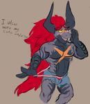  batzz_(buddyfight) biceps black_scales blush clothing denim_shorts dragon future_card_buddyfight glass0milk hair male red_hair scales shorts solo thong 