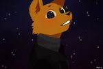  2017 anthro black_nose canine clothing collar cute eyebrows fangs fox fur gregg_(nitw) happy jacket leather leather_jacket mammal monochromewasteland_(artist) night night_in_the_woods orange_fur outside sky star starry_eyed surprise sweater teeth tongue tuft zipper 