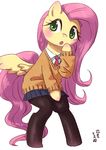  2017 :o blush clothed clothing cute equine eyelashes feathered_wings feathers female fluttershy_(mlp) friendship_is_magic full-length_portrait fully_clothed green_eyes hair japanese_text legwear long_hair looking_at_viewer makeup mammal mascara my_little_pony necktie open_mouth pegasus pink_hair portrait pose signature simple_background skirt solo stockings sweater text white_background wings yanamosuda 