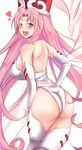  ass back blue_eyes blush breasts commentary_request cowboy_shot elbow_gloves facial_mark from_behind gloves hat highleg houshin_engi large_breasts leotard long_hair looking_at_viewer looking_back open_mouth pink_hair smile so_dakki solo thighhighs untsue very_long_hair white_legwear 