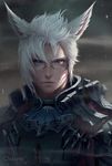  artist_name bangs blue_eyes chuby_mi closed_mouth facial_mark final_fantasy final_fantasy_xiv hair_between_eyes heterochromia highres looking_at_viewer male_focus miqo'te realistic red_eyes serious slit_pupils solo white_hair 