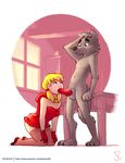 2017 animal_genitalia animal_penis anthro balls big_bad_wolf blonde_hair blue_eyes breasts canine canine_penis cleavage clothed clothing erection fellatio female female_on_anthro fur grey_fur hair human human_on_anthro interspecies joe_randel knot little_red_riding_hood little_red_riding_hood_(copyright) male male/female mammal navel oral penis sex signature simple_background table white_background wolf 